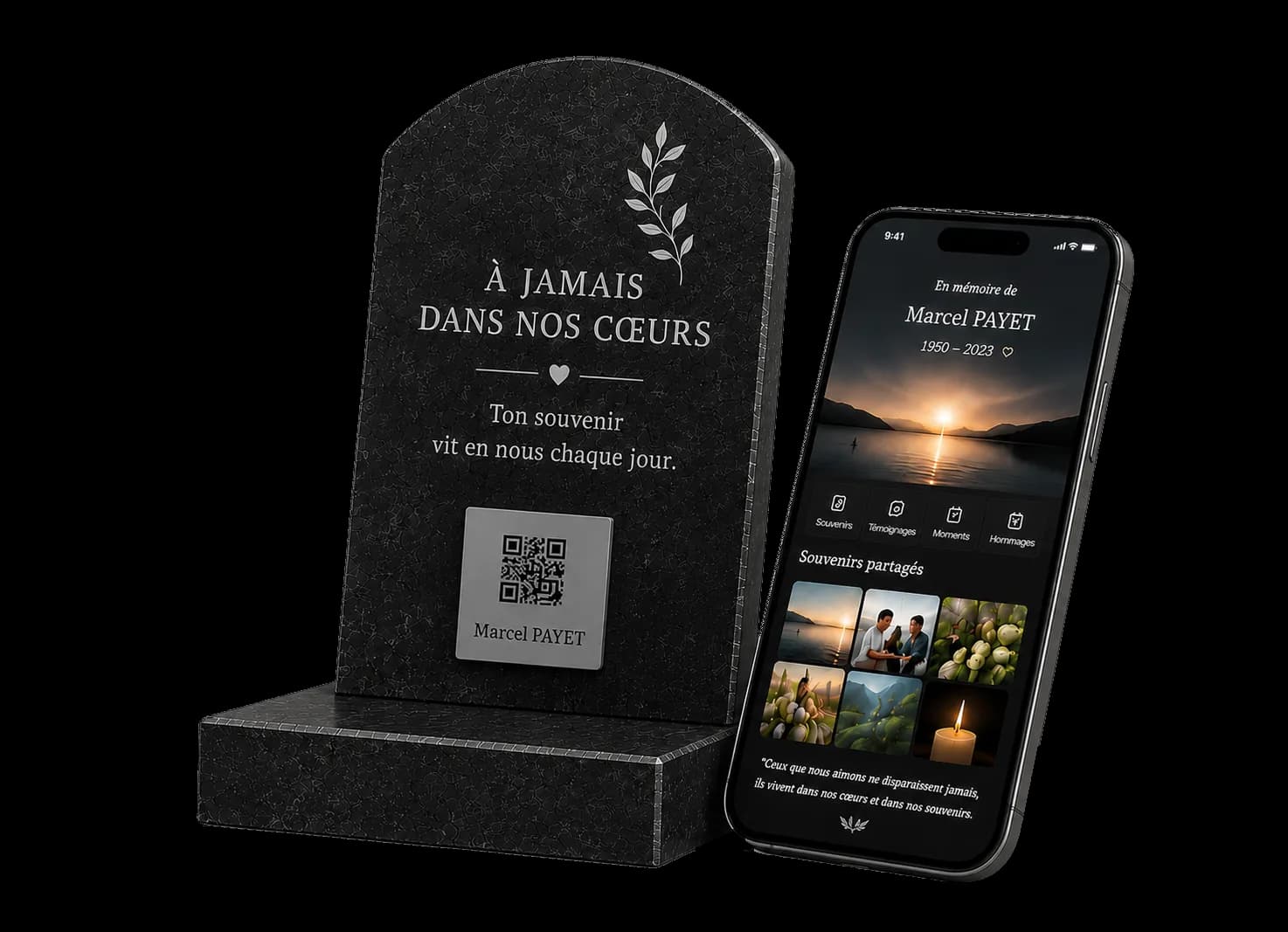 Stèle commémorative gravée d’un médaillon QR Memwar et mémorial numérique affiché sur un téléphone